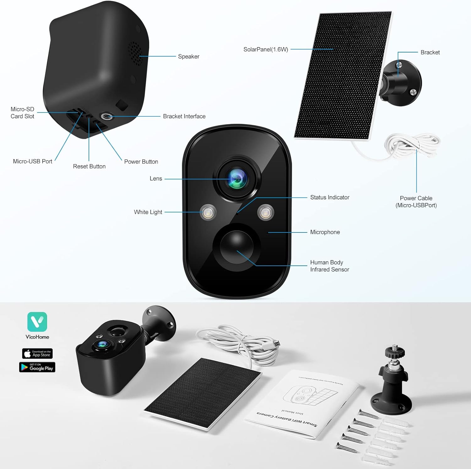 Kamera Zewnętrzna WiFi 2K VicoHome CG8/B – Bezprzewodowa Kamera IP z Panelem Solarnym do Monitoringu Domowego