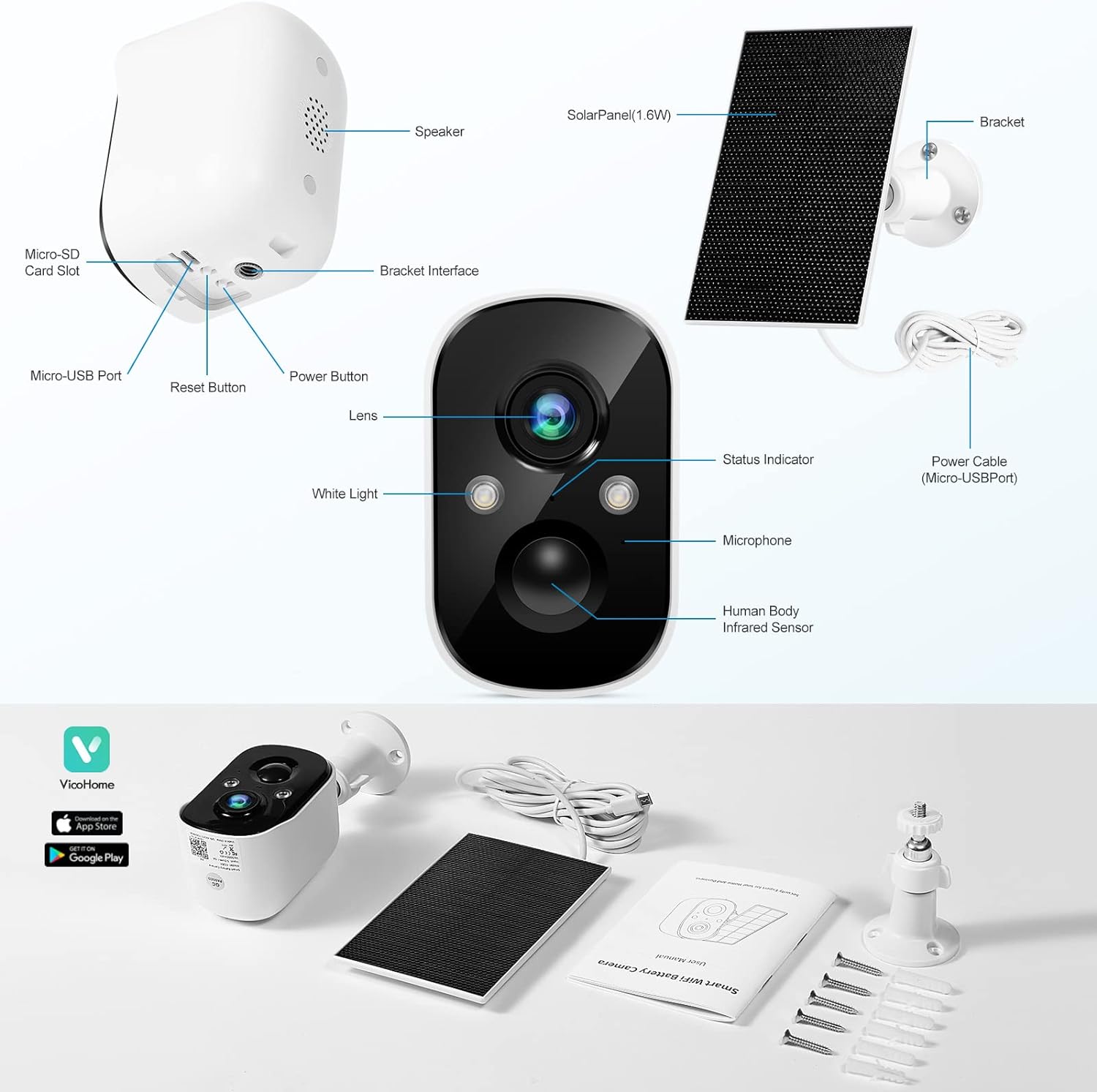 Kamera Zewnętrzna WiFi 2K VicoHome CG8/W – Bezprzewodowa Kamera IP z Panelem Solarnym do Monitoringu Domowego